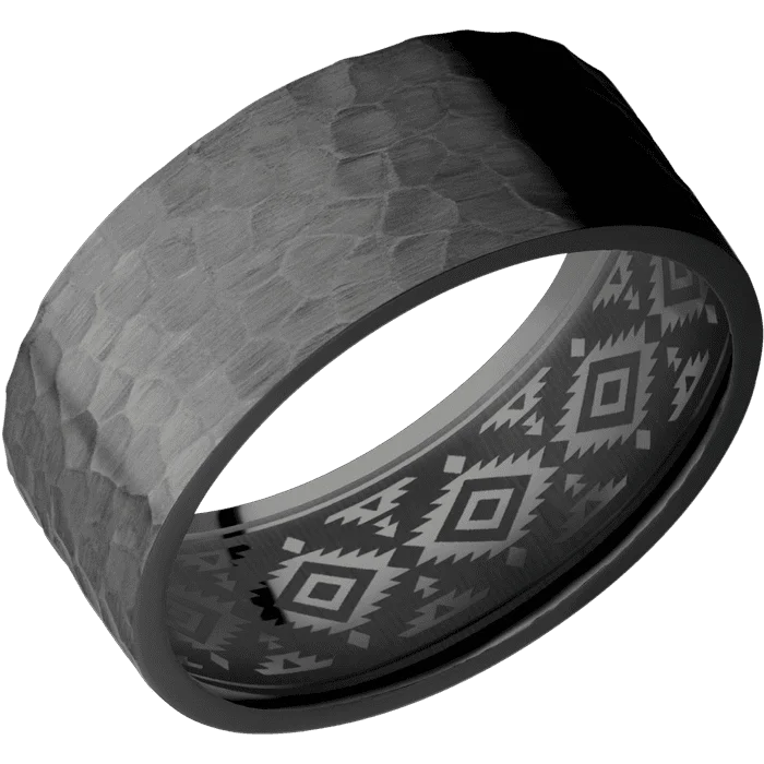 Ladies twisted knot rings -9mm wide Flat Black Titanium Ring with Hammer Finish / None Interior Pattern