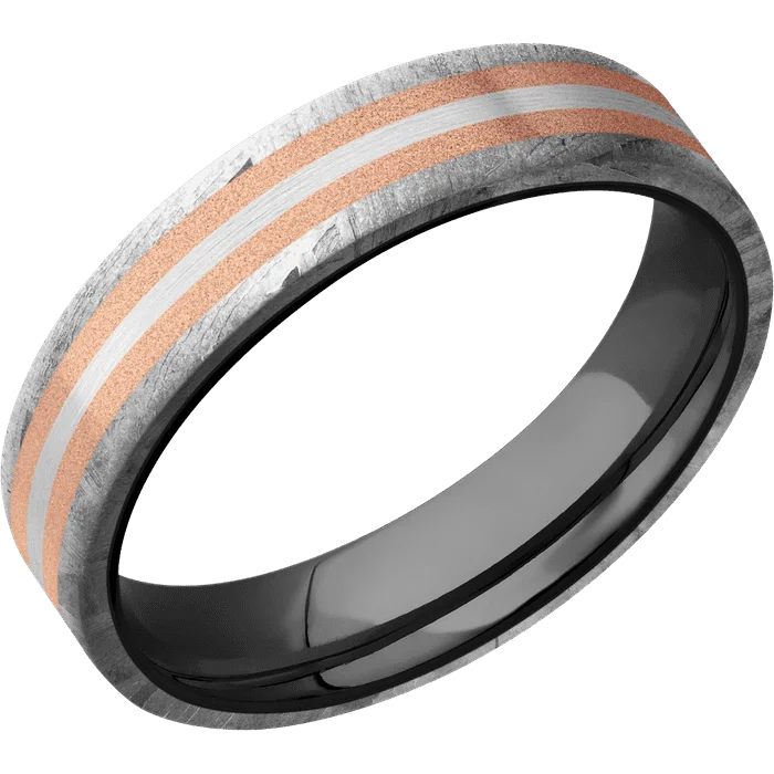 Ladies birthstone shine rings -5mm wide Flat Meteorite Ring / One 3mm Centered 14k Rose Gold Inlay with Sand Blast Finish / One 1mm Centered 18k White Gold Inlay with Satin Finish / Black Zirconium Sleeve