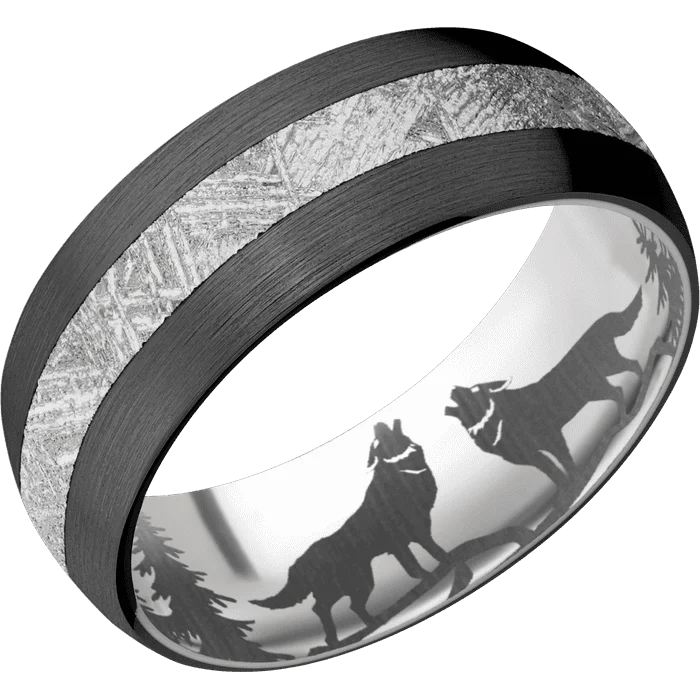 Ladies crisp white gold rings -8mm wide Domed Black Titanium Ring with Satin Finish / One 3mm Centered Meteorite Inlay / Titanium Sleeve / None Interior Pattern