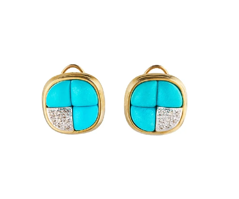 Ladies earthy green earrings -Fancy Turquoise and 0.25ctw Diamond Cushion Shaped Earrings in 14K