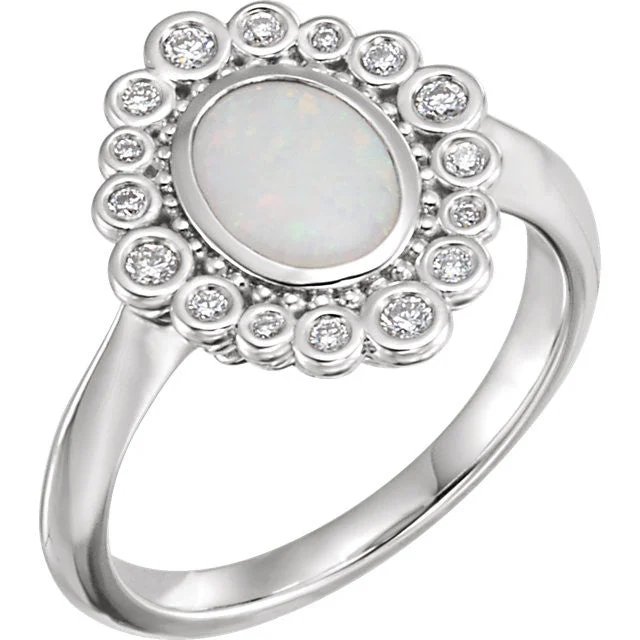 Ladies rare find rings -14k White Gold Oval Bezel Set Genuine Opal & 1/6 CTW Diamond Halo Ring