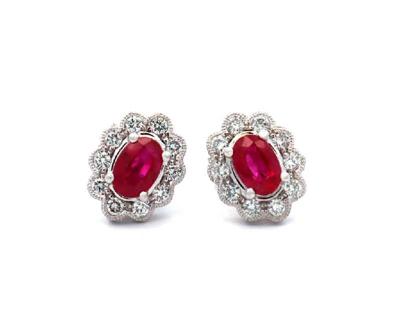 Ladies thrifty charm earrings -1.20ctw Ruby and 0.50ctw Diamond Frame Milgrain Stud Earrings in 14K