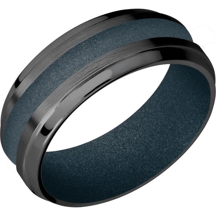 Ladies unique crafted rings -8mm wide Stepped Bevel Black Titanium Ring with Satin Finish / One 3mm Centered Blue Titanium Cerakote Inlay / Blue Titanium Cerakote Sleeve