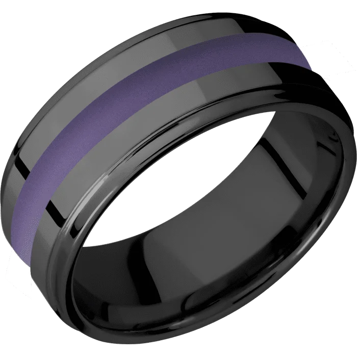 Ladies painted flair rings -9mm wide Flat Grooved Edges Black Titanium Ring with Polish Finish / One 3mm Centered Bright Purple Cerakote Inlay