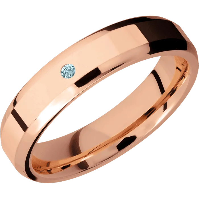 Ladies baroque richness rings -5mm wide Beveled 14k Rose Gold Ring with Polish Finish / 1 Round .03 carat Aqua Diamond Flush-Set Gemstones