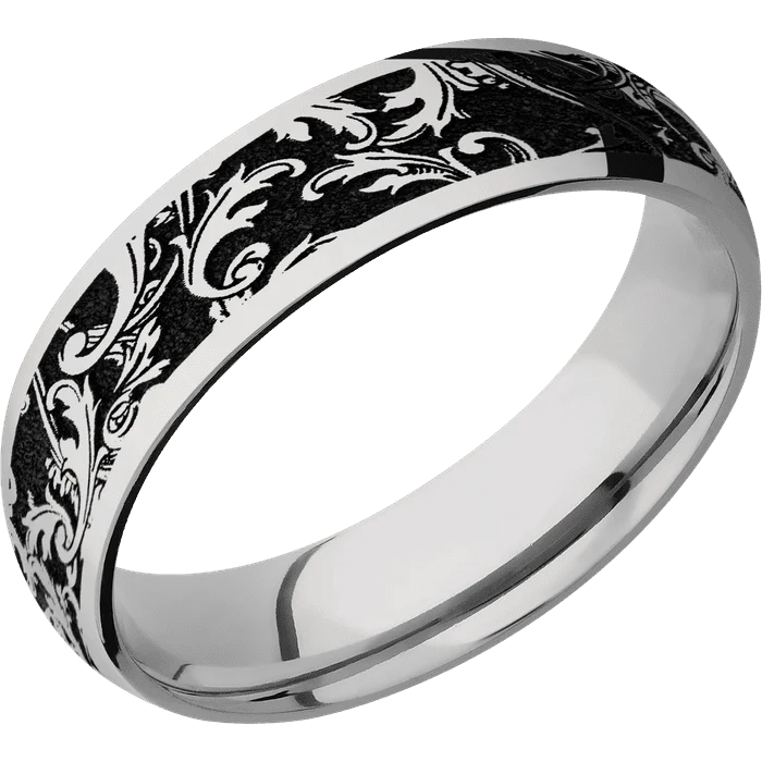 Ladies tender heart rings -6mm wide Domed Titanium Ring with Polish Finish / Black Leaf Design