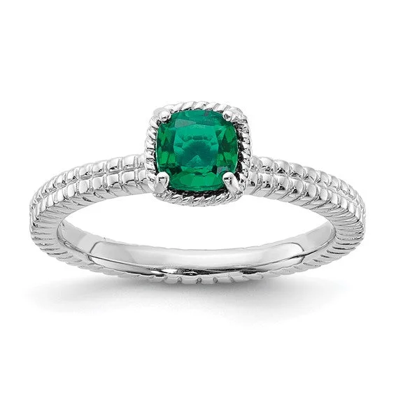 Ladies resilient steel rings -Sterling Silver Stackable Expressions Created Emerald Cushion Ring