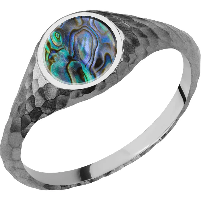 Ladies tranquil sapphire rings -Circle Titanium Signet Ring / Hammer Ring Finish and Polish Signet Finish / Abalone Inlay / Size 8.5