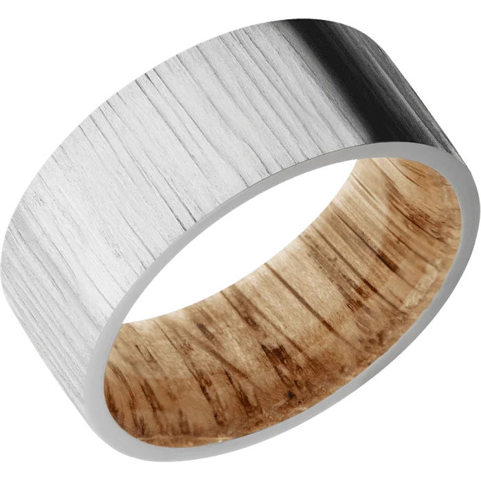 9mm wide Flat 14k White Gold Ring with Treebark 1 Finish / Natural Oak Sleeve