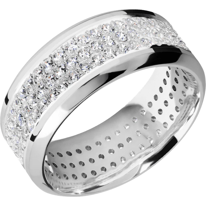 Ladies adjustable gleam rings -9mm wide High Bevel Platinum Ring with Polish Finish / 3 Row Eternity Round .015 carat Lab Grown Diamond Bead Channel-Set Gemstones