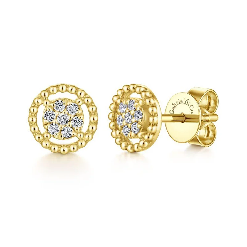 Ladies mystic charm earrings -Gabriel & Co. - EG13355Y45JJ - 14K Yellow Gold Beaded Round Frame Diamond Cluster Stud Earrings