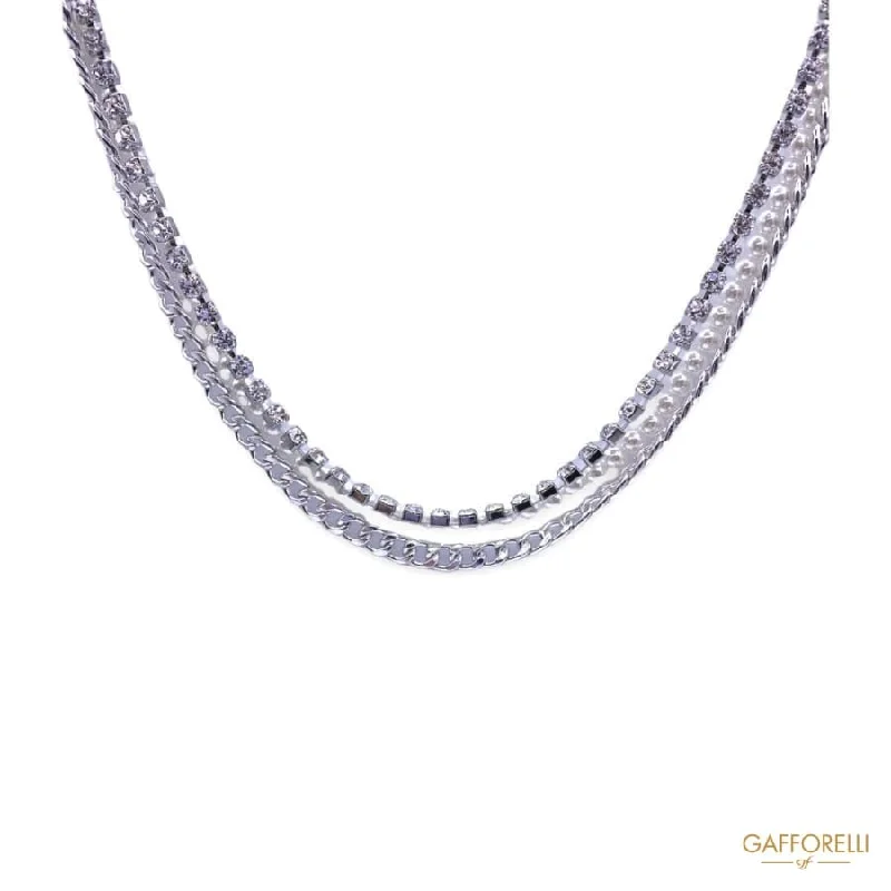 Ladies Necklaces with Clear Zircon-Necklace with Three Details: Pearls, Rhinestones and Choker Chain C288- Gafforelli Srl