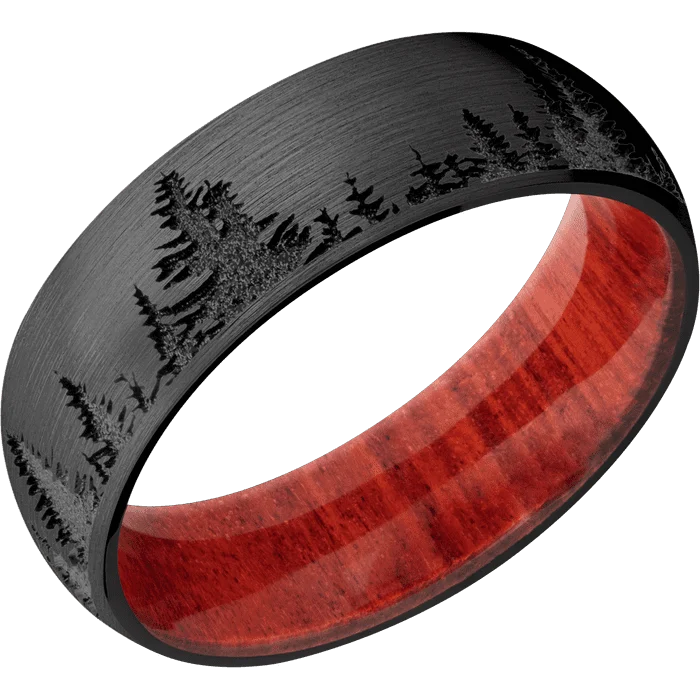 Ladies gleaming platinum rings -7mm wide Domed Black Zirconium Ring with Satin Finish / Trees Design / Red Heart Sleeve