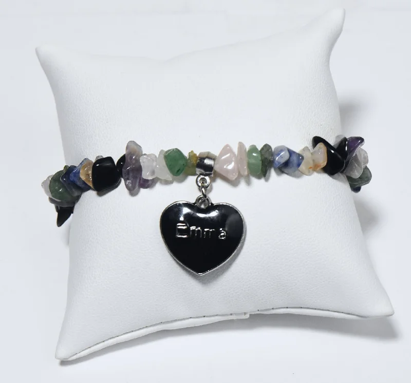 ladies beaded bracelets with patterns -Black Enamel "Emma" Heart Charm on Gemstone Chip Bead Stretch Bracelet