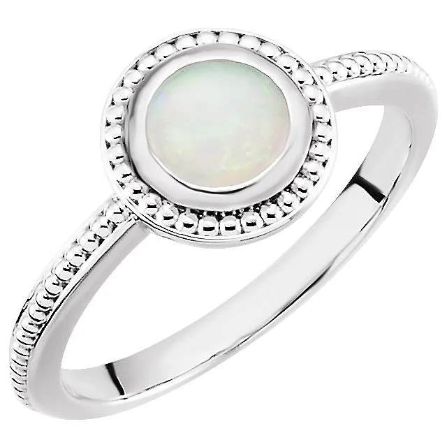 Ladies hefty gleam rings -14k White Gold Round Genuine Australian Opal Beaded Design Ring