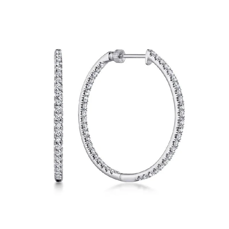 Ladies bar sparkle earrings -Gabriel & Co. - EG13467W45JJ - 14K White Gold French Pave 30mm Round Inside Out Diamond 1.45 ct Hoop Earrings