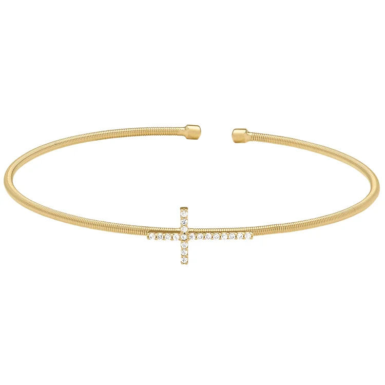 minimalist hoop bracelets for women -Gold Finish Sterling Silver Cable Cuff Cross Bracelet with Simulated Diamonds