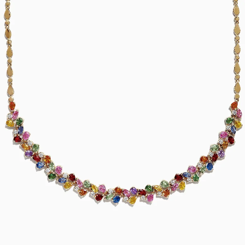 Ladies Necklaces Slim Shine-Watercolors 14K Gold Multi Sapphire & Diamond Necklace, 12.94 TCW