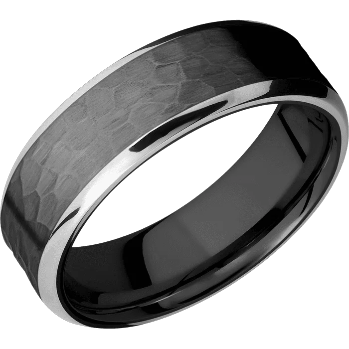 Ladies family glow rings -7mm wide Beveled Black Titanium Ring with Hammer Finish / Two 1mm Edge Palladium Silver Inlay with Polish Finish