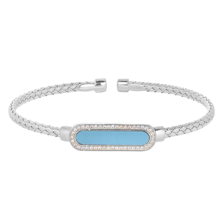 ladies rose gold bracelets leaf design -Rhodium Finish Sterling Silver Basketweave Cable Cuff  Bracelet with an Oval with Simulated Diamonds and a Turquois Stone