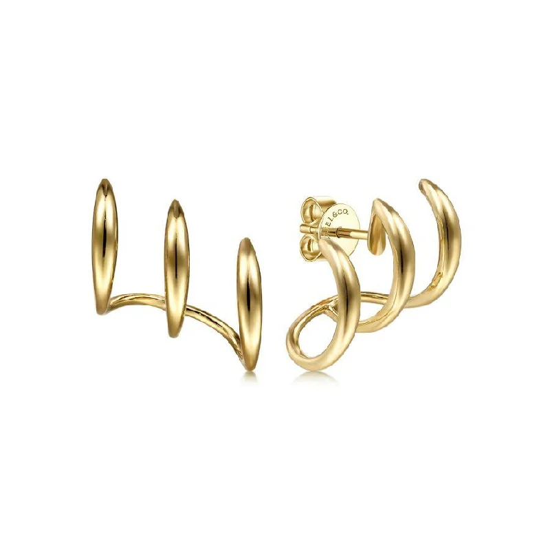 Ladies unique crafted earrings -Gabriel & Co. - EG14135Y4JJJ - 14K Yellow Gold Curving Three Row Stud Earrings