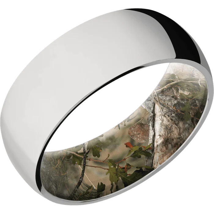 Ladies crisp white gold rings -8mm wide Domed Titanium Ring with Polish Finish / Kings Mountain Camo Sleeve