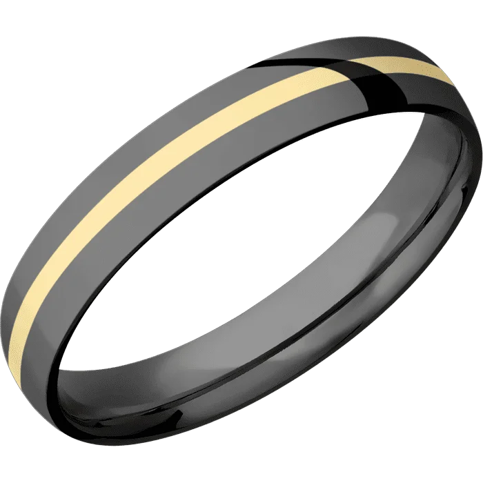 Ladies sisterly spark rings -4mm wide Domed Black Titanium Ring with Polish Finish / One 1mm Centered 14k Yellow Gold Inlay with Polish Finish