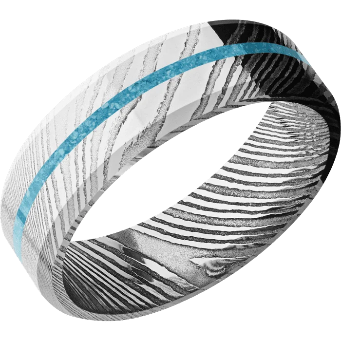 Ladies triangular glow rings -7mm wide Beveled Damascus Steel Ring with Polish Damascus Finish / One 1mm Centered Turquoise Inlay