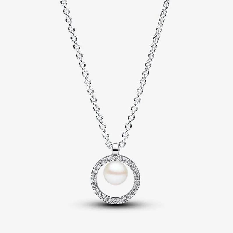 Ladies Necklaces with Pure Okenite-PANDORA : Treated Freshwater Cultured Pearl & Pavé Collier Necklace - Sterling Silver