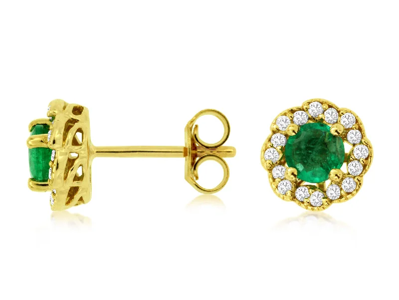 Ladies aged metal earrings -14K Yellow Gold Round Emerald and Diamond Halo Cluster Earring