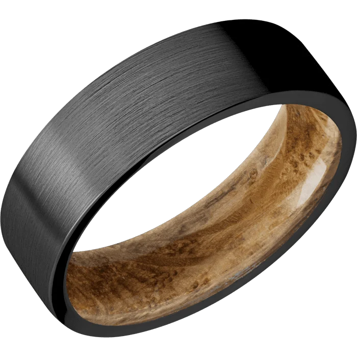 Ladies team spirit rings -7mm wide Flat Black Titanium Ring with Satin Finish / Whiskey Barrel Sleeve