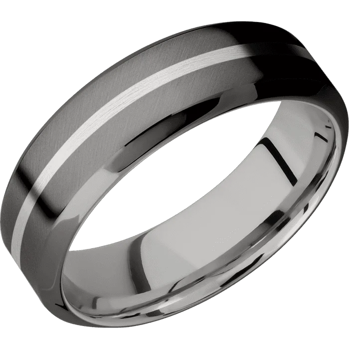 Ladies dazzling shimmer rings -7mm wide High Bevel Darkened Tantalum Ring with Angle Satin Finish / One 1mm Centered Platinum Inlay with Satin Finish / Inconel Sleeve