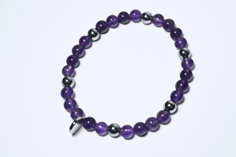 abstract shape bracelets for women -Amethyst and Silver Tone Bead Stretch Bracelet