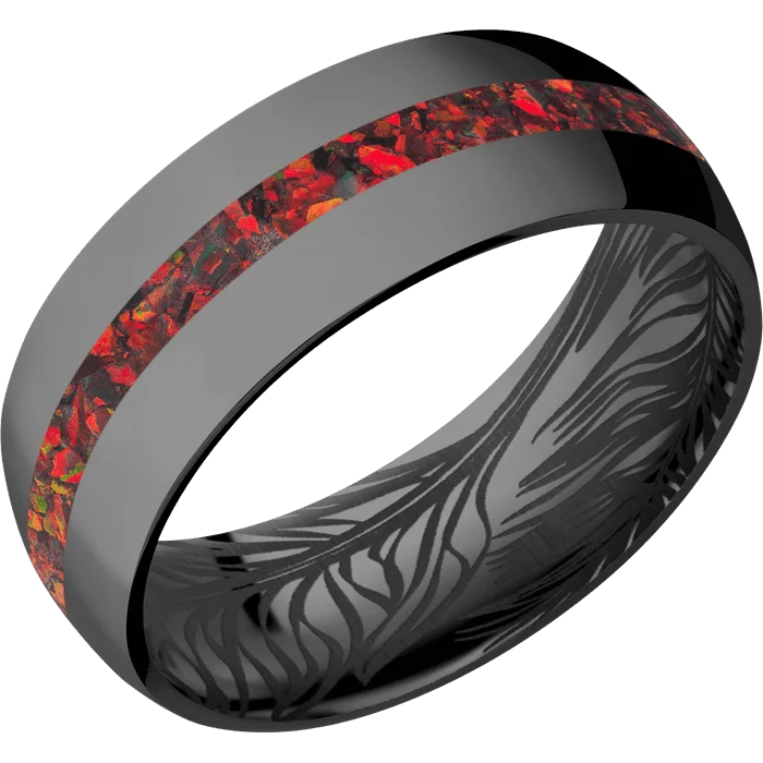 Ladies companion bond rings -8mm wide Domed Black Zirconium Ring with Polish Finish / One 2mm Centered Ruby Red Opal Inlay / None Interior Pattern