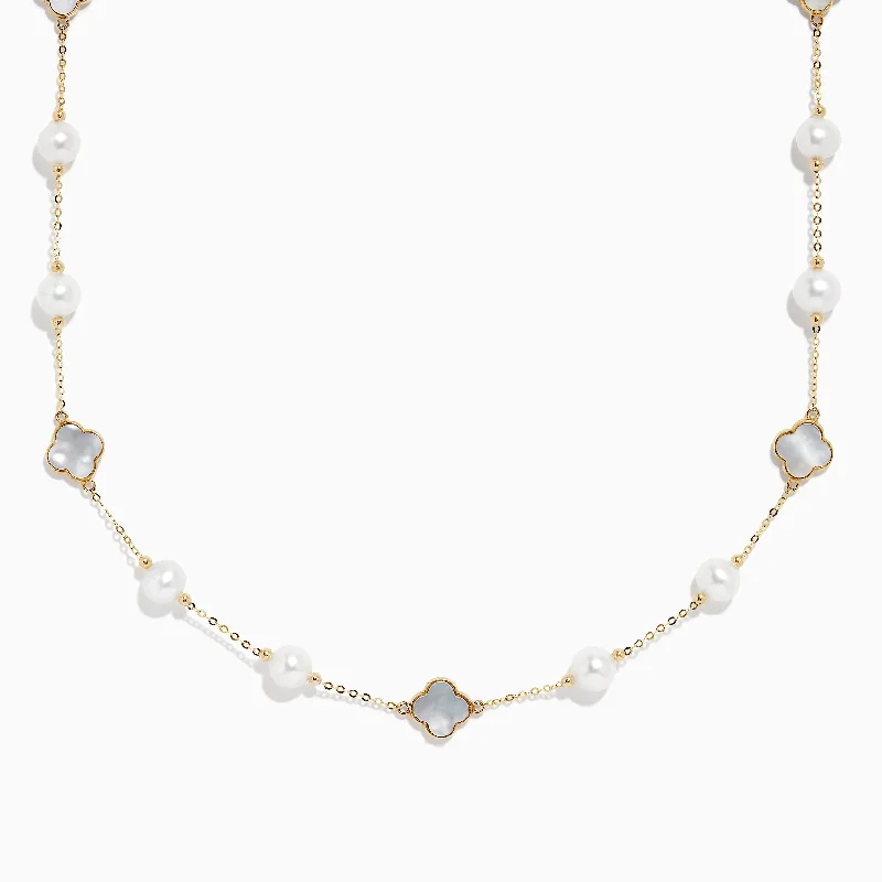 Ladies Necklaces with Pure Danburite-14K Yellow Gold Fresh Water Pearl and Mother of Pearl Necklace