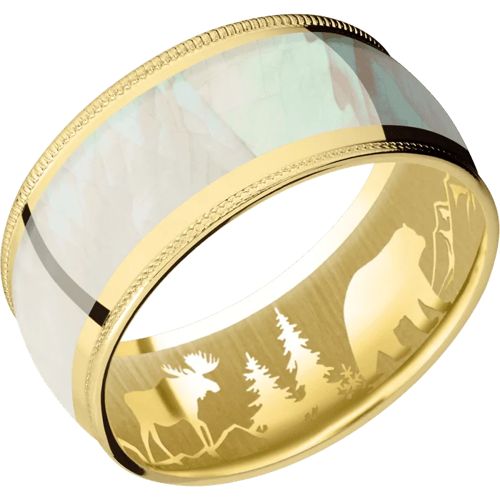 Ladies club vibe rings -10mm wide Domed Milgrain Edges 18k Yellow Gold Ring with Polish Finish / One 7mm Centered Freshwater Mother of Pearl Inlay / None Interior Pattern