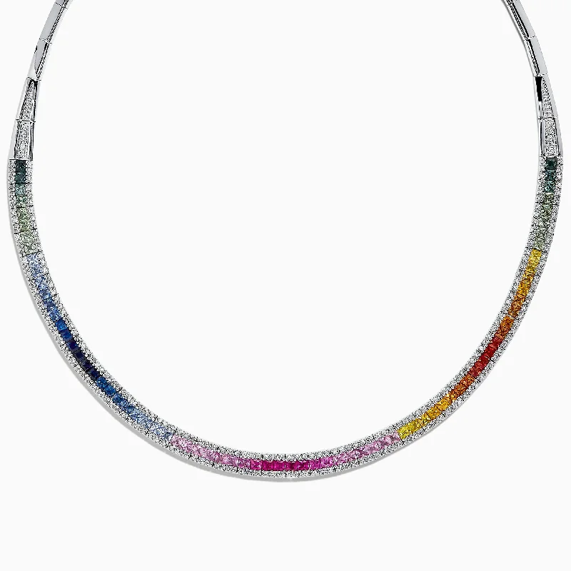 Ladies Necklaces with Warm Opal-Watercolors 14K White Gold Multi Sapphire & Diamond Necklace, 11.31 TCW