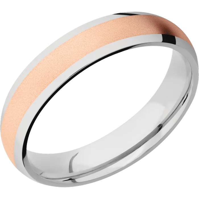 Ladies artistic abstract rings -5mm wide Domed Cobalt Chrome Ring with Polish Finish / One 3mm Centered 14k Rose Gold Inlay with Bead Blast Finish