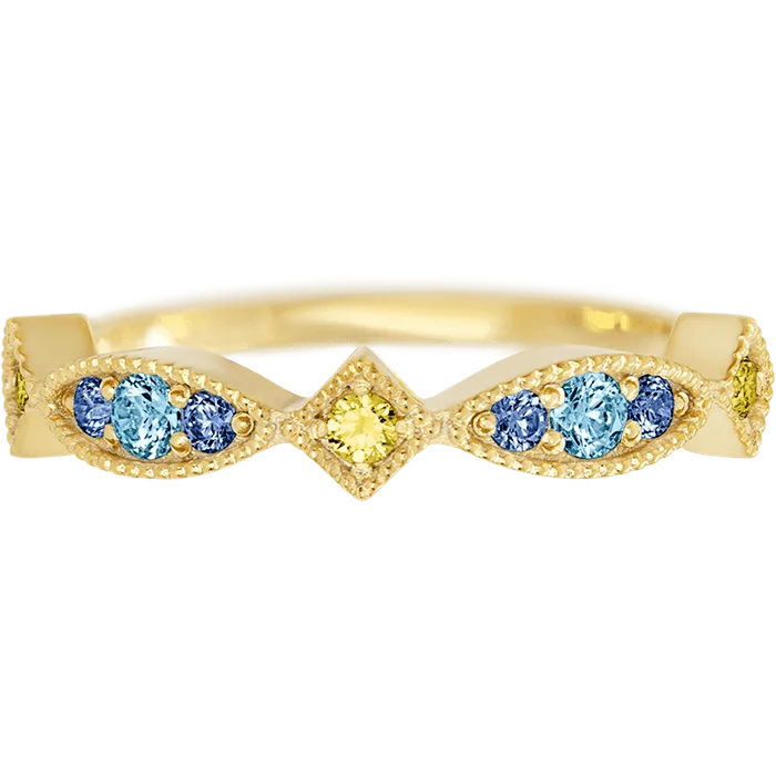 Ladies earthy green rings -Theodora Style 14k Yellow Gold Ring / Half Eternity .27 TCW of Yellow Sapphire, Aqua Diamonds, and Denim Blue Sapphires / Size 6.5