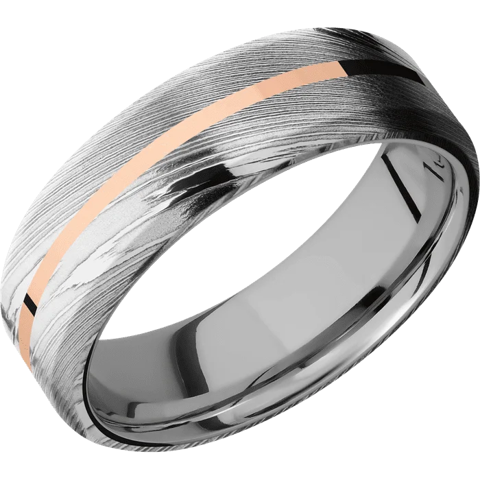 Ladies trendy vibe rings -7mm wide Beveled Damascus Steel Ring with Polish Damascus Finish / One 1mm Centered 14k Rose Gold Inlay with Polish Finish / Titanium Sleeve