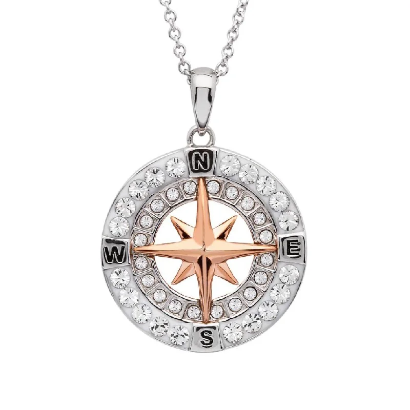 Ladies Necklaces with Initial Shine-Ocean : Rose Gold Compass Necklace with Aqua Crystals