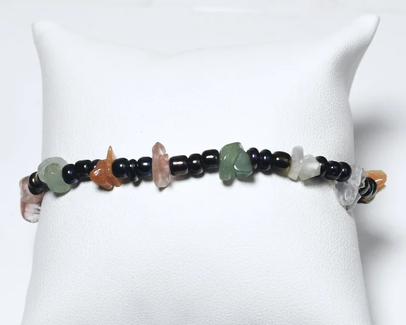 minimalist hoop bracelets for women -Aventurine, Sunstone, Quartz, Glass and Black Iridescent Beads Bracelet