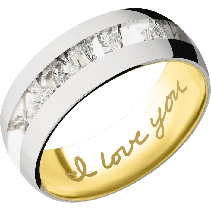 Ladies radiant glitter rings -8mm wide Domed 14k White Gold Ring with Polish Finish / One 3mm Centered Kings Snow Camo Inlay / 14k Yellow Gold Sleeve / None Interior Pattern