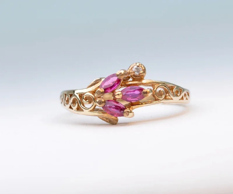 Ladies graceful charm rings -Ruby Ring with Small Side Diamond in 14K Yellow Gold