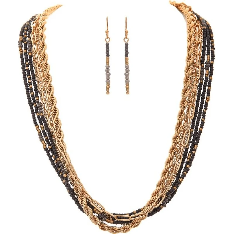 Ladies Necklaces with Blue Sapphire-Rain : Gold Grey Bead Layered Chains Necklace Set