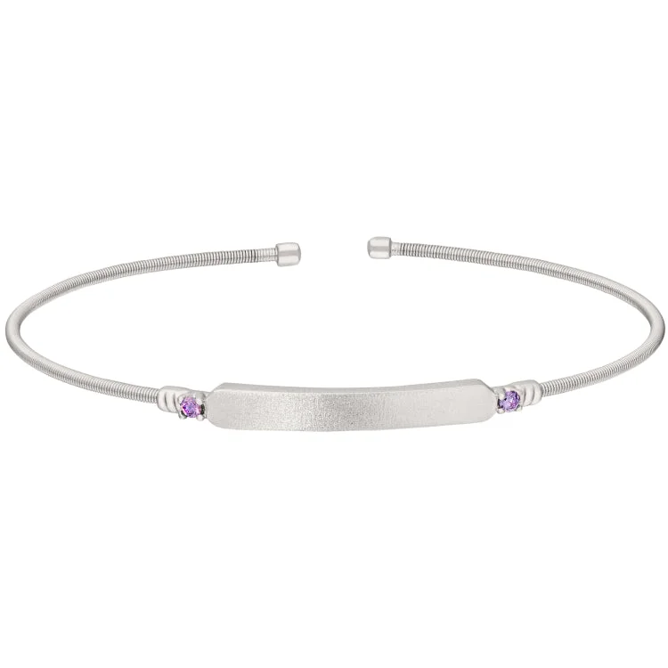 ladies rose gold bracelets heart design -Rhodium Finish Sterling Silver Cable Cuff Bracelet with Name Plate and Simulated Amethyst Birth Gems - February