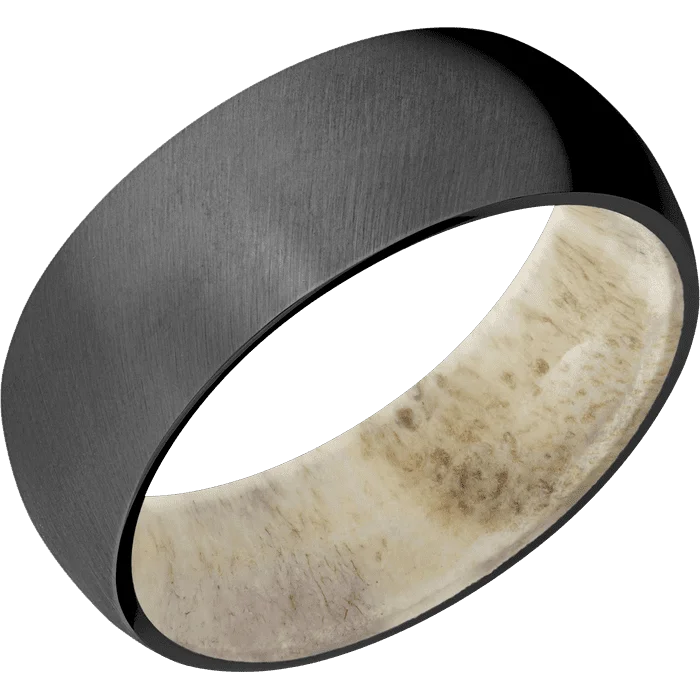 Ladies explorer gleam rings -8mm wide Domed Black Zirconium Ring with Angle Satin Finish / Antler Sleeve