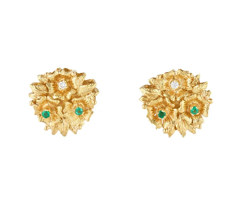 Ladies spring petal earrings -0.12ctw Emerald and 0.06ctw Diamond Triple Flower Earrings in 18K