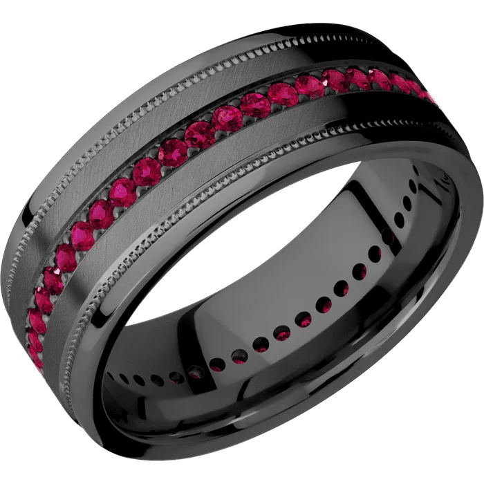 Ladies wildlife charm rings -8mm wide Flat Stepped Edges Milgrain Black Zirconium Ring with Angle Satin Finish / Eternity Round .015 carat Ruby Bead-Set Gemstones