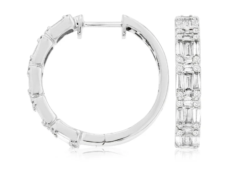 Ladies rainbow burst earrings -14K White Gold Baguette and Round Diamond Hoop Earrings